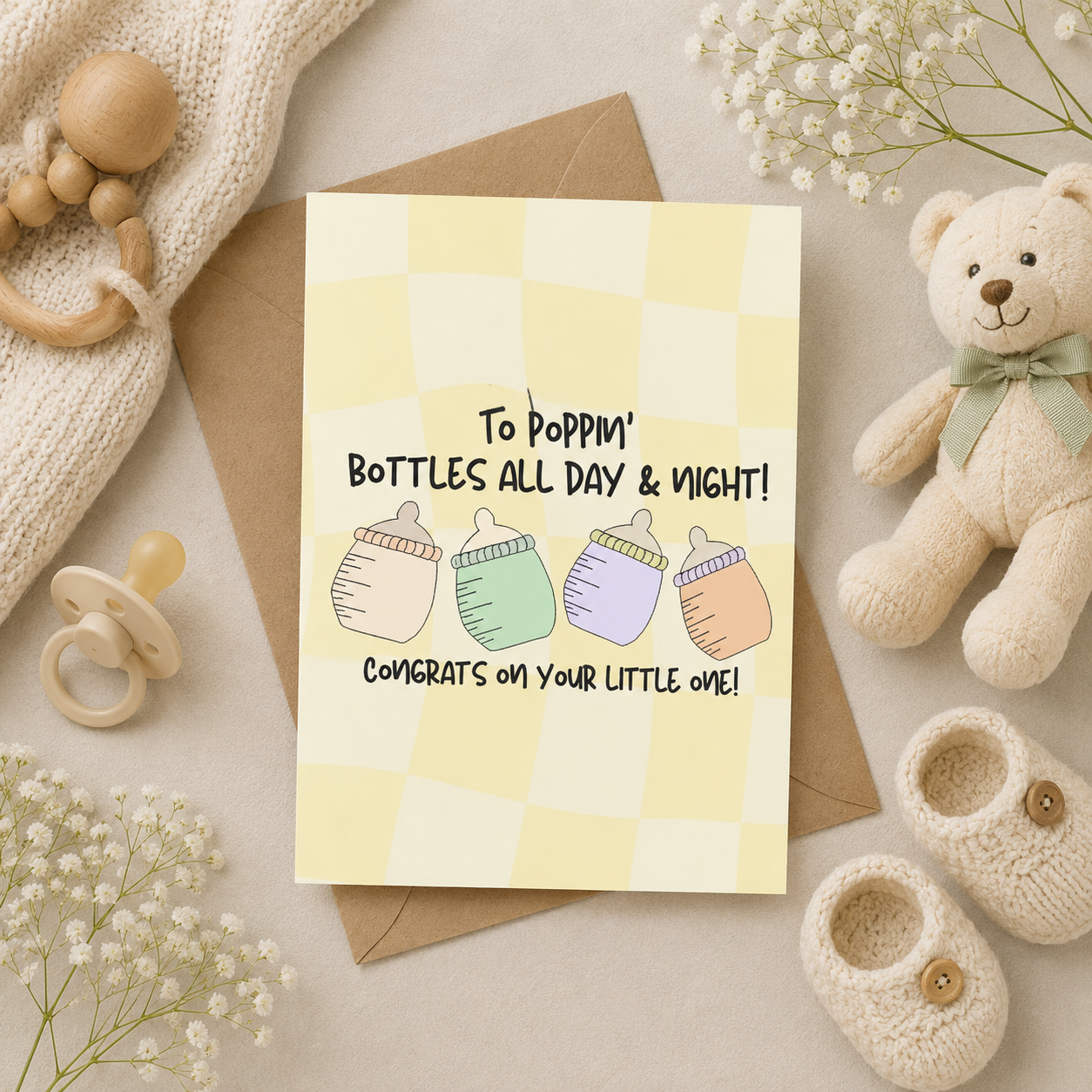 To Poppin' Bottles All Day & Night! Hand Drawn New Baby Congratulations Card, Recycled Paper