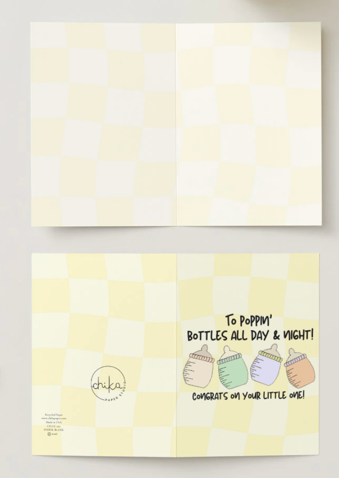 To Poppin' Bottles All Day & Night! Hand Drawn New Baby Congratulations Card, Recycled Paper